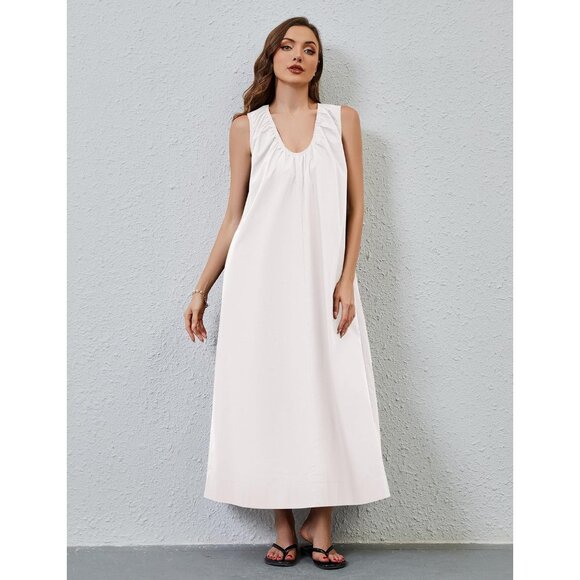 Women Flowy Maxi Dress Sleeveless Ruched Long Casual Vacation Sundress - Picture 4 of 4